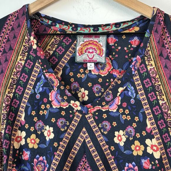 Johnny Was Womens Top Medium Cruz V Neck Swing Tunic Mixed Print Bamboo - Picture 3 of 11